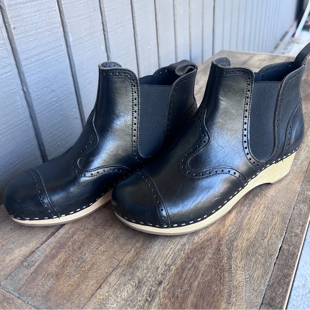 Swedish Hasbeens Toffel Black Leather Clog Boots Wooden Platform Chelsea Ankle